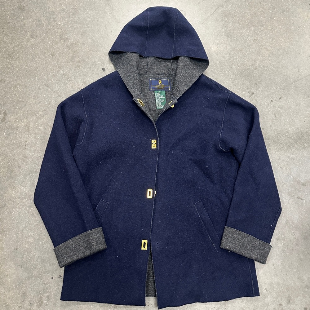 Vtg 90s Lauren Ralph Lauren Navy Wool Blend Hooded Coat  Gold Hardware Small